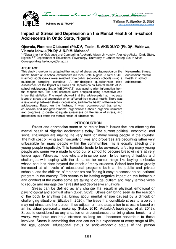 (PDF) Impact of Stress and Depression on the Mental Health of in-school ...