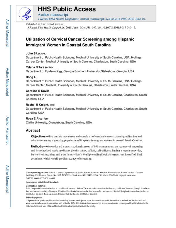 (PDF) Utilization of Cervical Cancer Screening Among Hispanic Immigrant ...