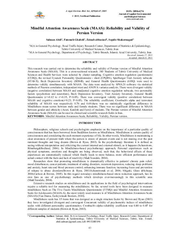 (PDF) Mindful Attention Awareness Scale (MAAS): Reliability and ...