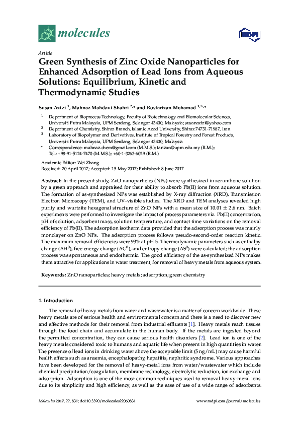 (PDF) Green Synthesis of Zinc Oxide Nanoparticles for Enhanced ...