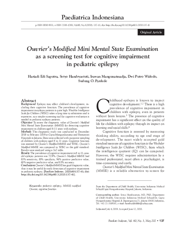 (PDF) Ouvrier’s Modified Mini Mental State Examination as a screening ...