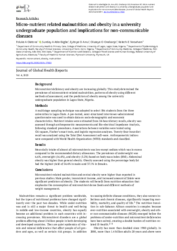 (PDF) Micro-nutrient related malnutrition and obesity in a university ...
