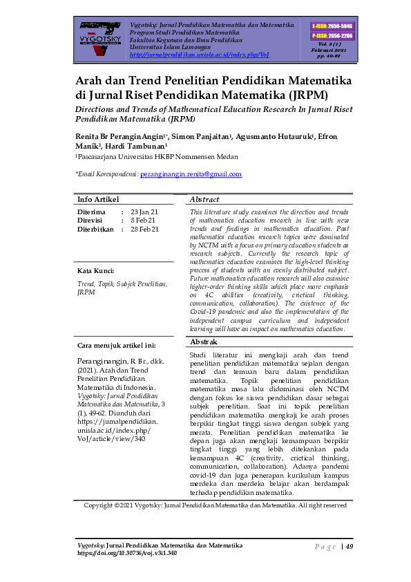 (PDF) Arah dan Trend Penelitian Pendidikan Matematika di Jurnal Riset ...