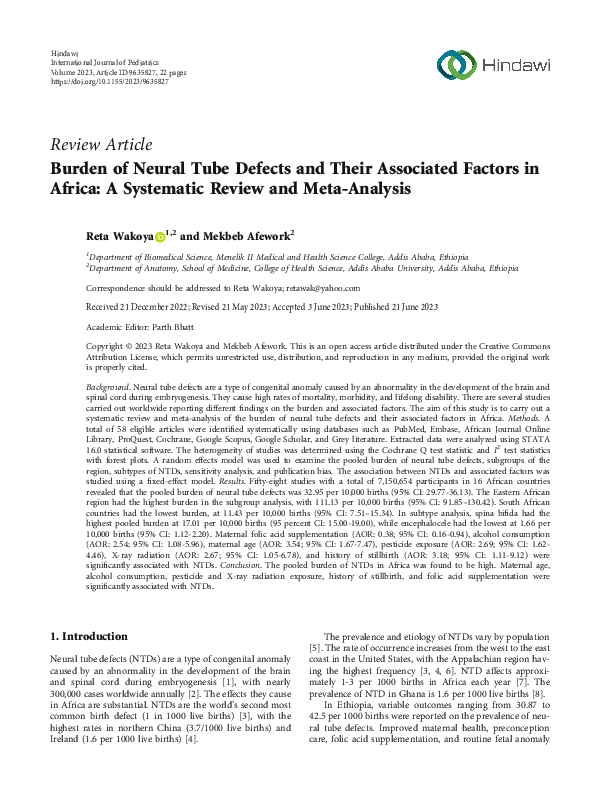 (PDF) Burden of Neural Tube Defects and Their Associated Factors in ...
