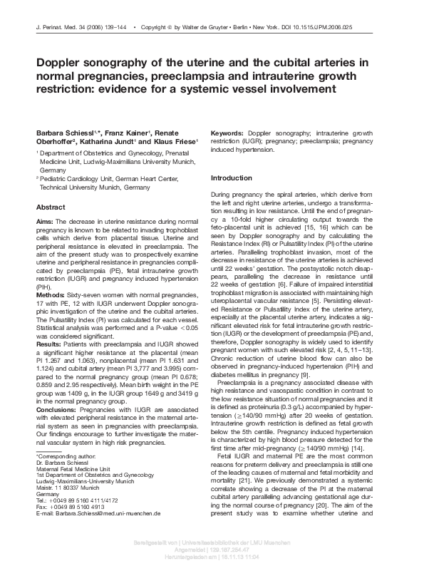 (PDF) Doppler sonography of the uterine and the cubital arteries in ...