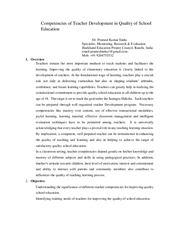 (PDF) Competencies of Teacher Development in Quality of School Education