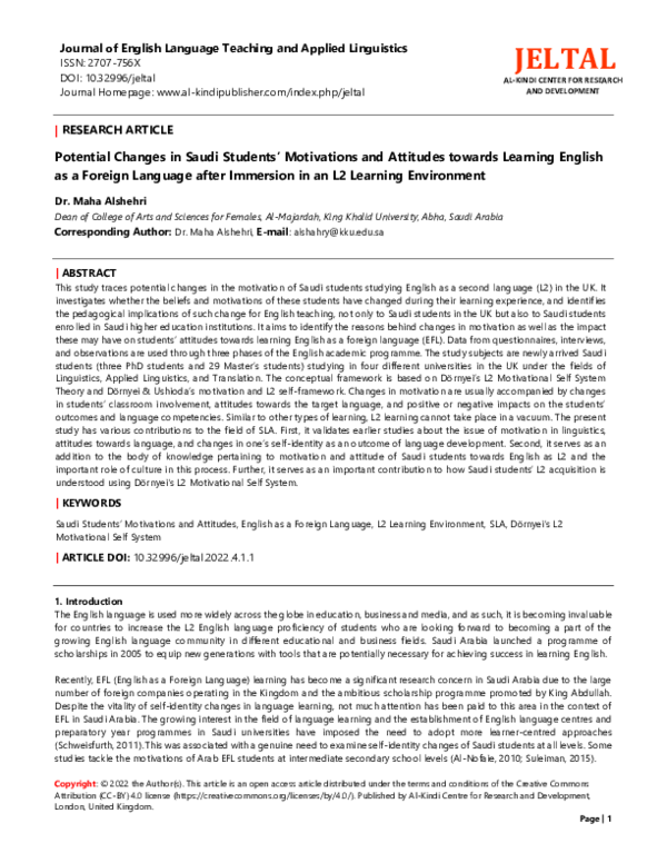 (PDF) Potential Changes in Saudi Students’ Motivations and Attitudes ...