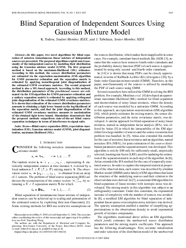 (PDF) Blind Separation of Independent Sources Using Gaussian Mixture Model