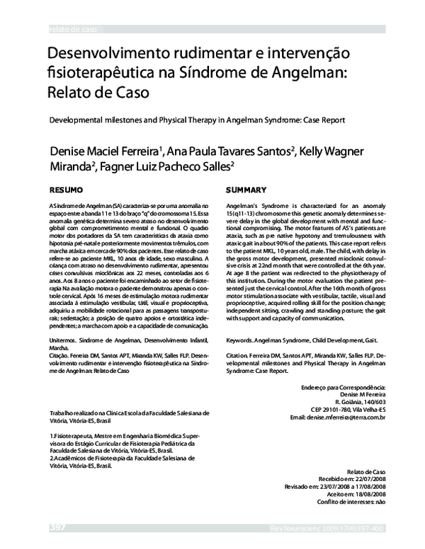 (PDF) Desenvolvimento rudimentar e intervenção fisioterapêutica na ...
