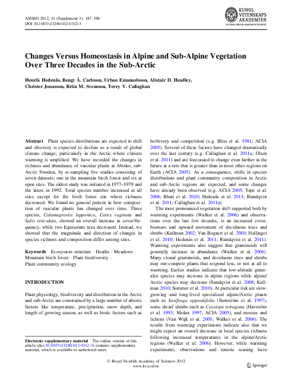 (PDF) Changes Versus Homeostasis in Alpine and Sub-Alpine Vegetation ...