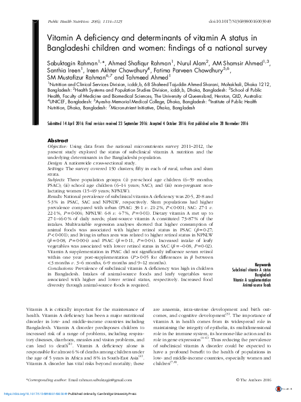 (PDF) Vitamin A deficiency and determinants of vitamin A status in ...