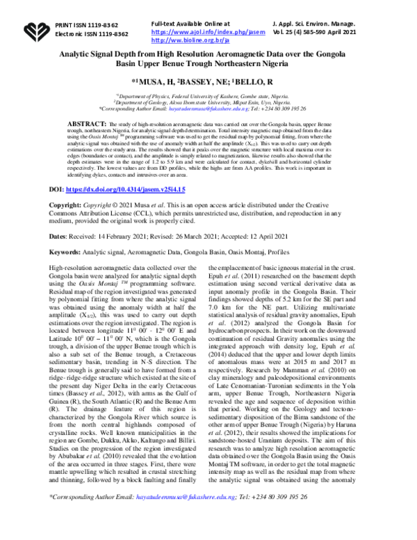 (PDF) Analytic Signal Depth from High Resolution Aeromagnetic Data over ...