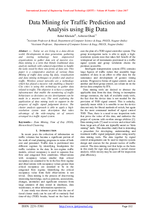 (PDF) Data Mining for Traffic Prediction and Analysis using Big Data