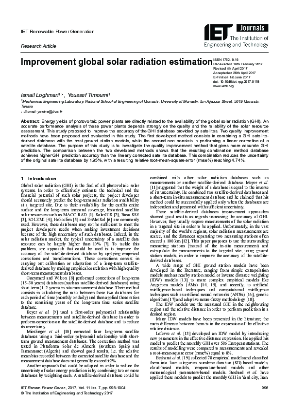 (PDF) Improvement global solar radiation estimation