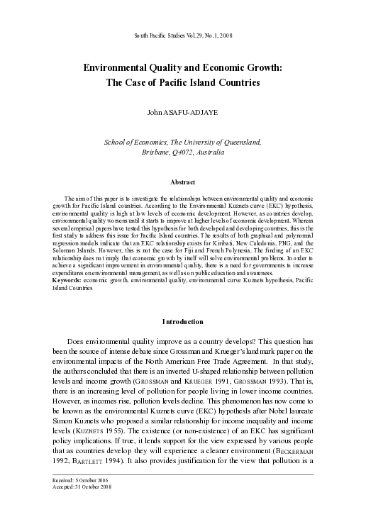 (PDF) Environmental Quality and Economic Growth: The Case of Pacific ...