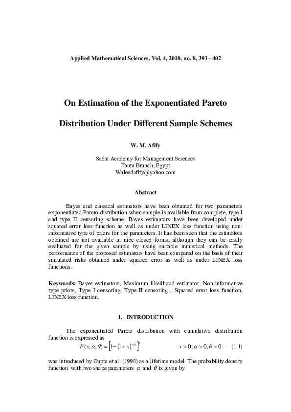 (PDF) On estimation of the exponentiated Pareto distribution under ...