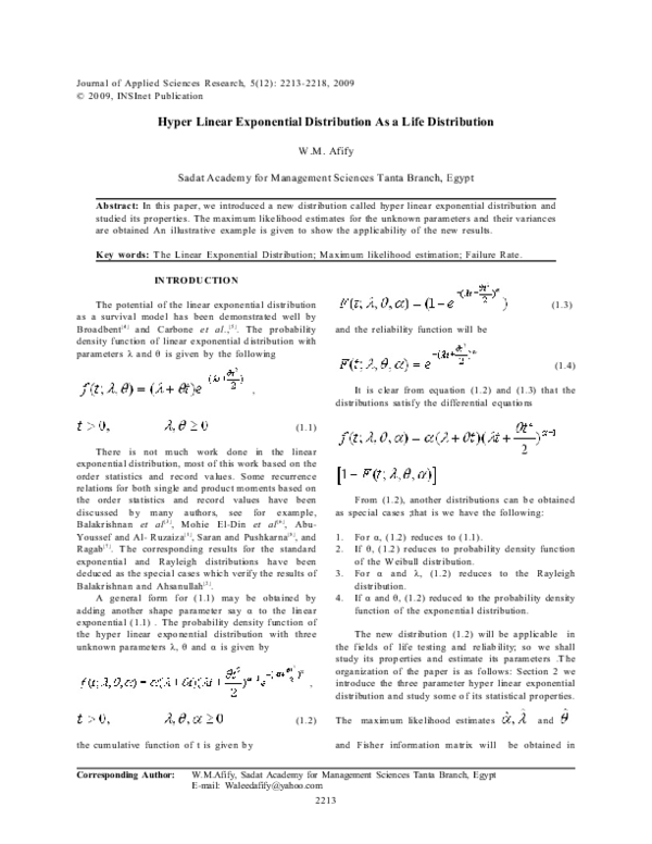 (PDF) Hyper Linear Exponential Distribution as a Life Distribution ...