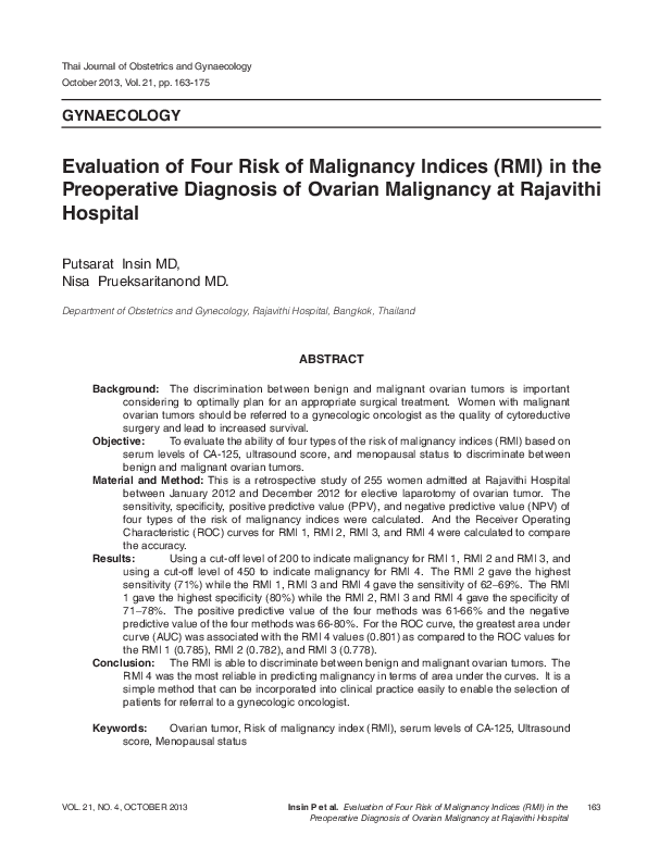 (PDF) Evaluation of Four Risk of Malignancy Indices (RMI) in the ...