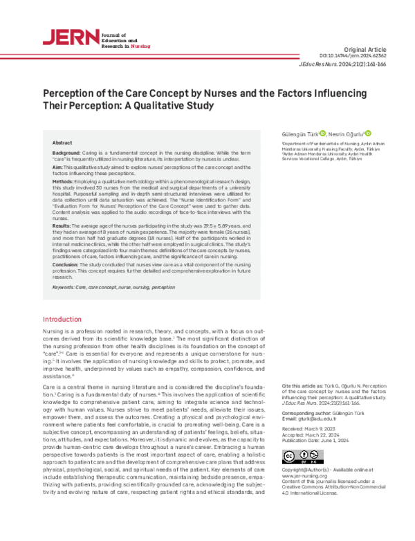 (PDF) Perception of the Care Concept by Nurses and the Factors ...
