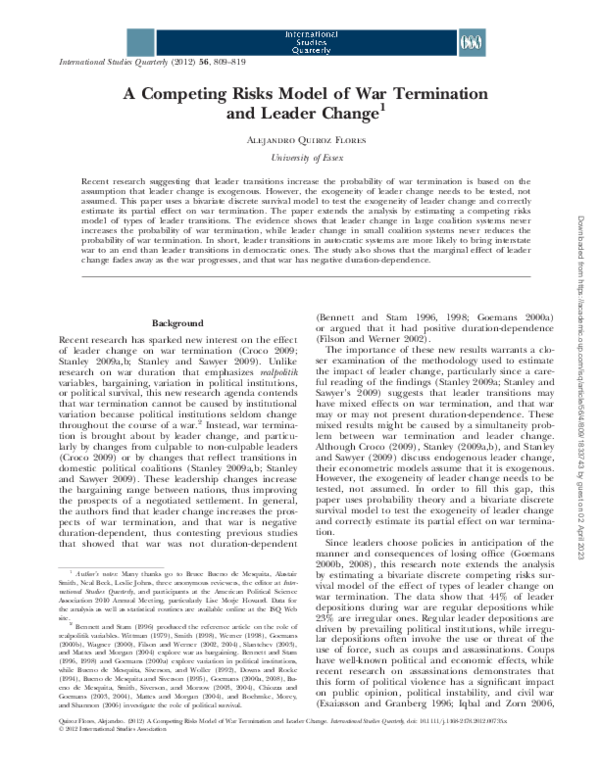 (PDF) A Competing Risks Model of War Termination and Leader Change1