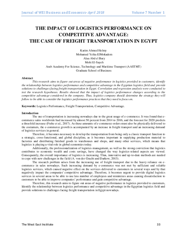 (PDF) The Impact of Logistics Performance on Competitive Advantage ...