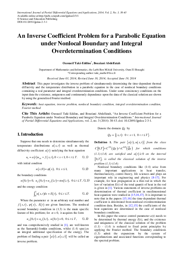 (PDF) An Inverse Coefficient Problem for a Parabolic Equation under ...