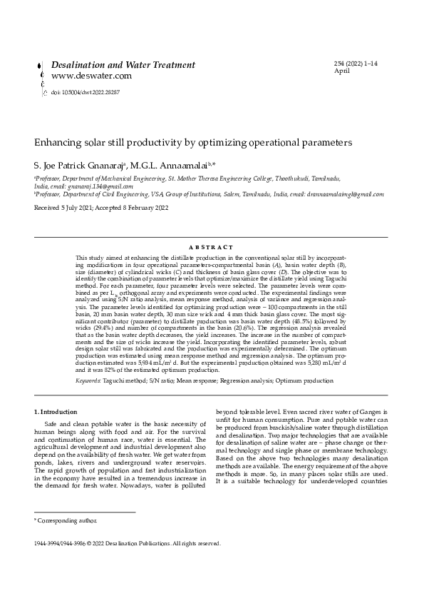 (PDF) Enhancing solar still productivity by optimizing operational ...