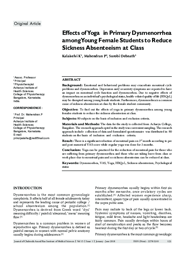 (PDF) Effects of Yoga in Primary Dysmenorrhea among Young Female ...