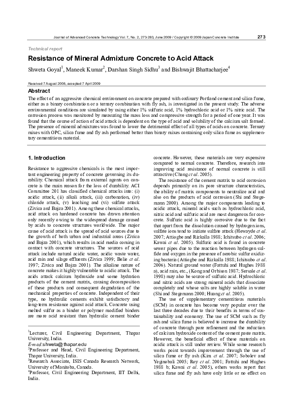 (PDF) Resistance of Mineral Admixture Concrete to Acid Attack