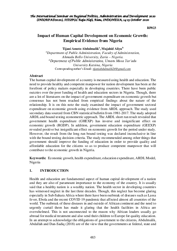 (PDF) Impact of human capital development on economic growth: Empirical ...
