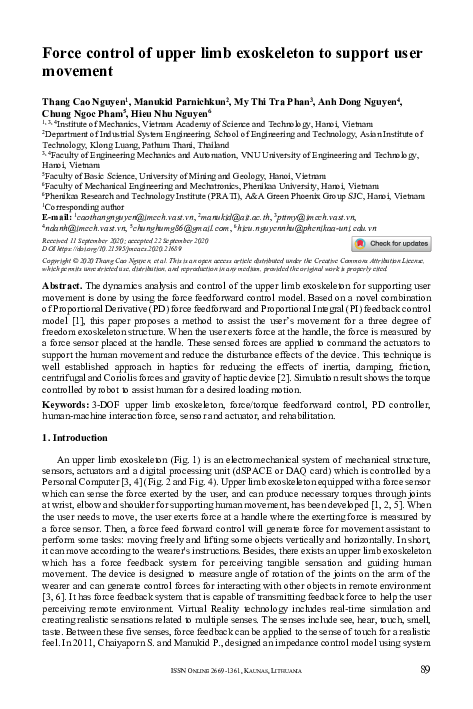 (PDF) Force control of upper limb exoskeleton to support user movement