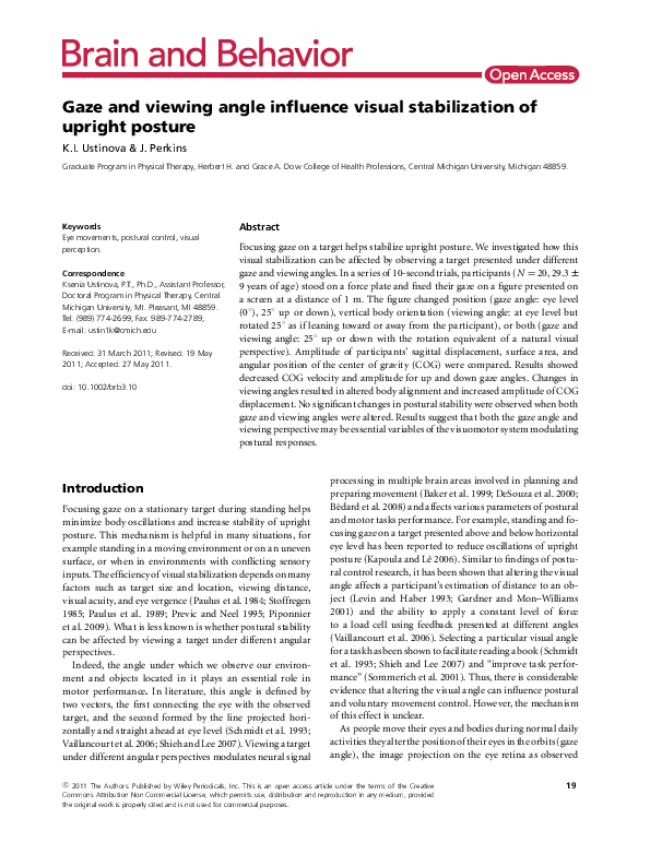 (PDF) Gaze and viewing angle influence visual stabilization of upright ...
