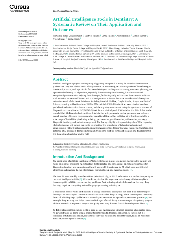 (PDF) Artificial Intelligence Tools in Dentistry: A Systematic Review ...