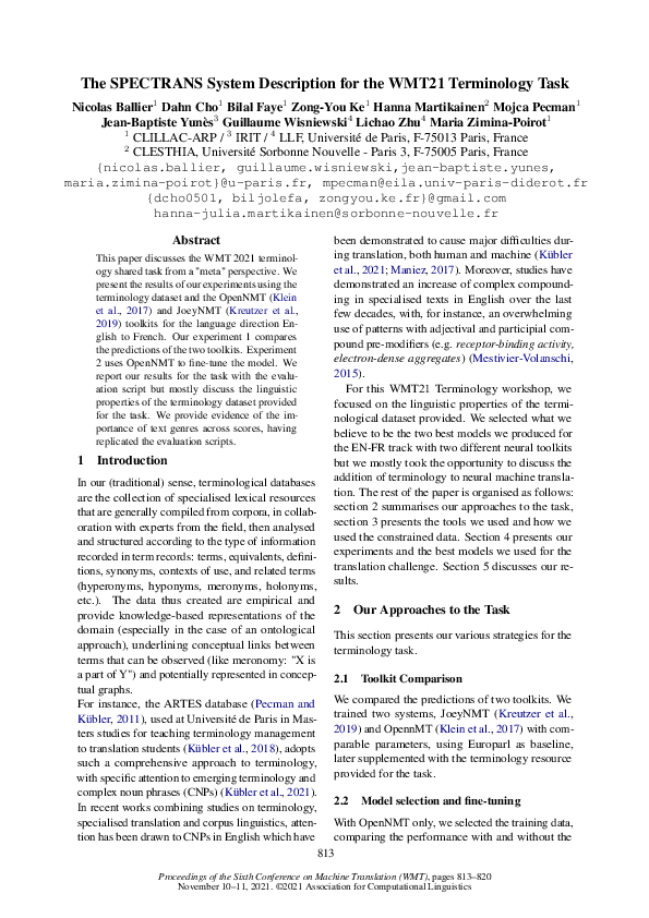 (PDF) The SPECTRANS System Description for the WMT21 Terminology Task