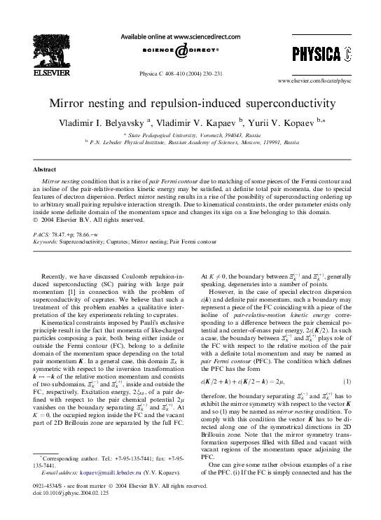 (PDF) Mirror nesting and repulsion-induced superconductivity