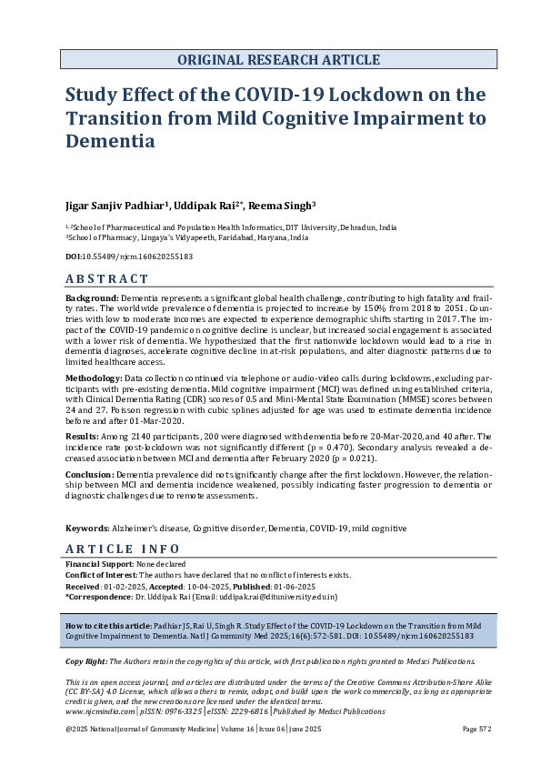 (PDF) Study Effect of the COVID-19 Lockdown on the Transition from Mild ...