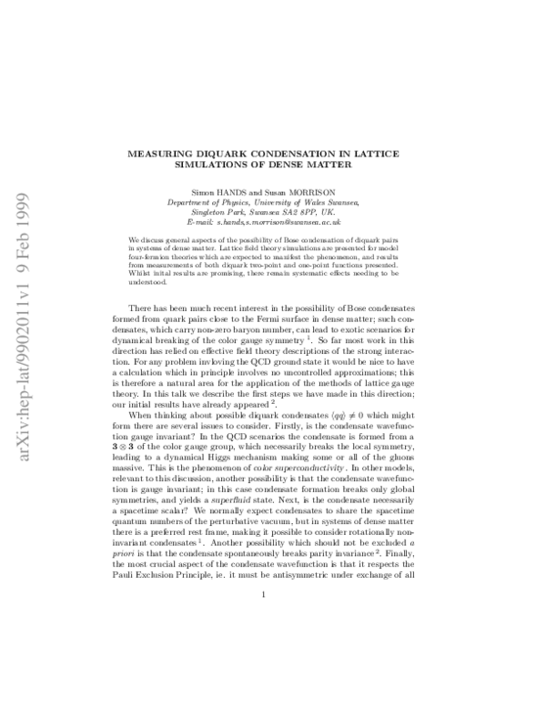 (PDF) Measuring diquark condensation in lattice simulations of dense matter