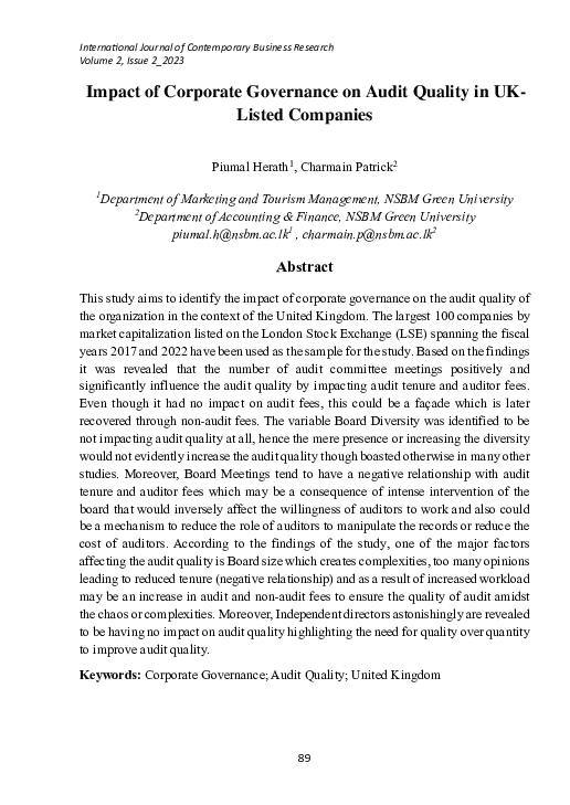 (PDF) Impact of Corporate Governance on Audit Quality in UK-Listed ...