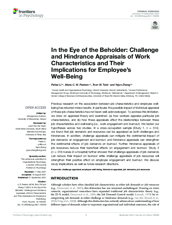 (PDF) In the Eye of the Beholder: Challenge and Hindrance Appraisals of ...