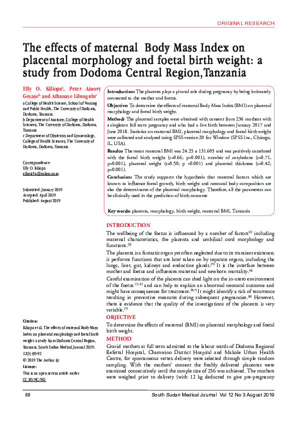 (PDF) The effects of maternal Body Mass Index on placental morphology ...