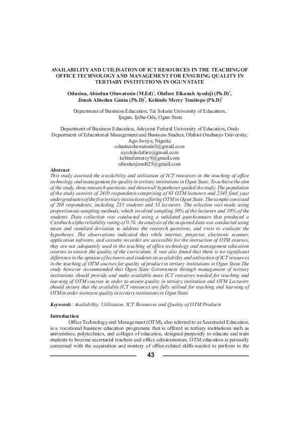(PDF) AVAILABILITY AND UTILISATION OF ICT RESOURCES IN THE TEACHING OF ...