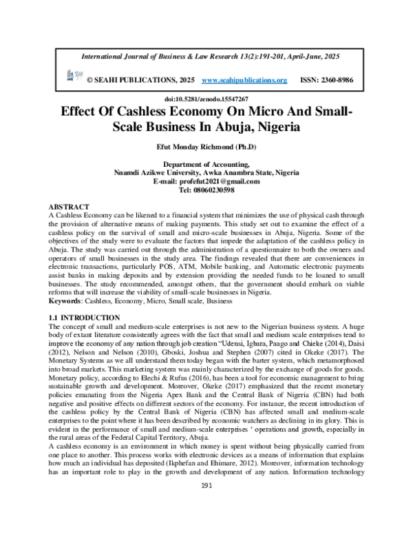 (PDF) Effect Of Cashless Economy On Micro And Small-Scale Business In ...