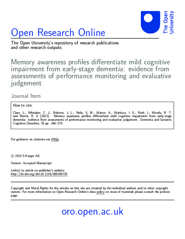 (PDF) Memory Awareness Profiles Differentiate Mild Cognitive Impairment ...