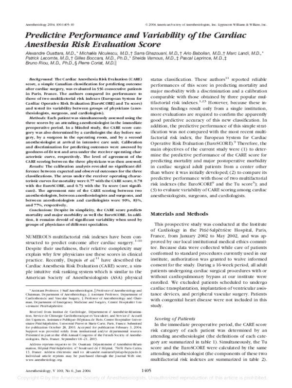 (PDF) Predictive Performance and Variability of the Cardiac Anesthesia ...