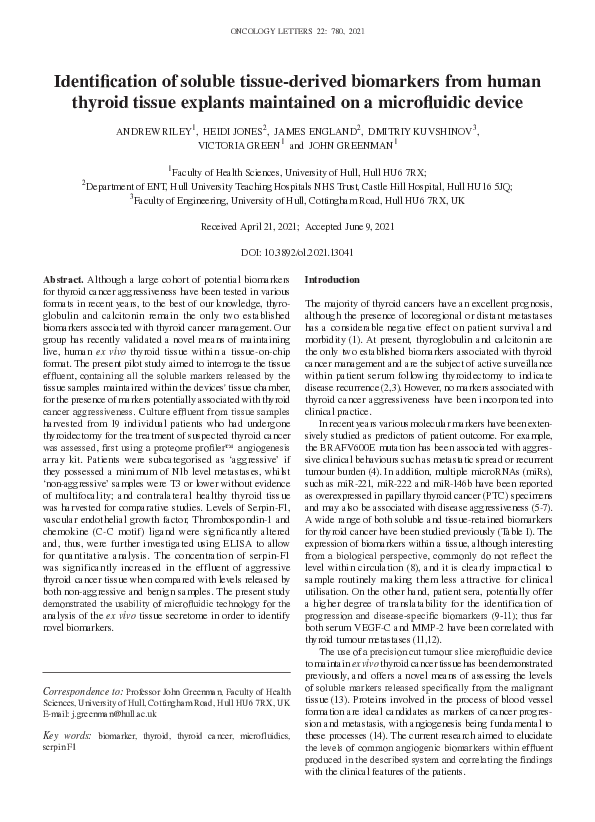(PDF) Identification of soluble tissue‑derived biomarkers from human ...