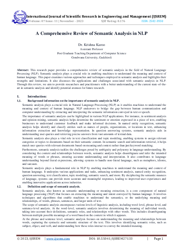 (PDF) A Comprehensive Review of Semantic Analysis in NLP