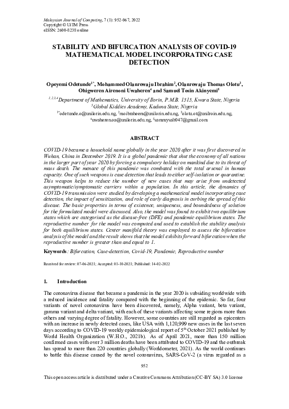 (PDF) Stability and Bifurcation Analysis of COVID-19 Mathematical Model ...