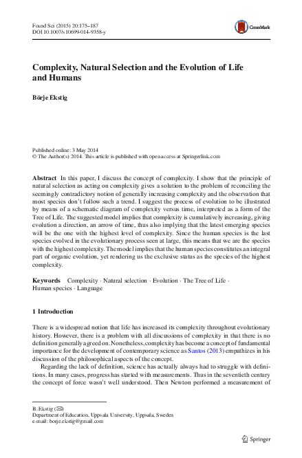 (PDF) Complexity, Natural Selection and the Evolution of Life and Humans