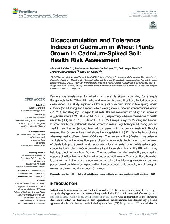 (PDF) Bioaccumulation and Tolerance Indices of Cadmium in Wheat Plants ...