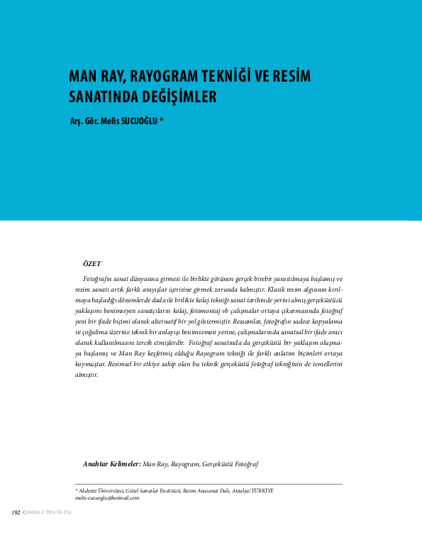 (PDF) Man Ray Rayogram Teknigi ve Resim Sanatında Degisimler